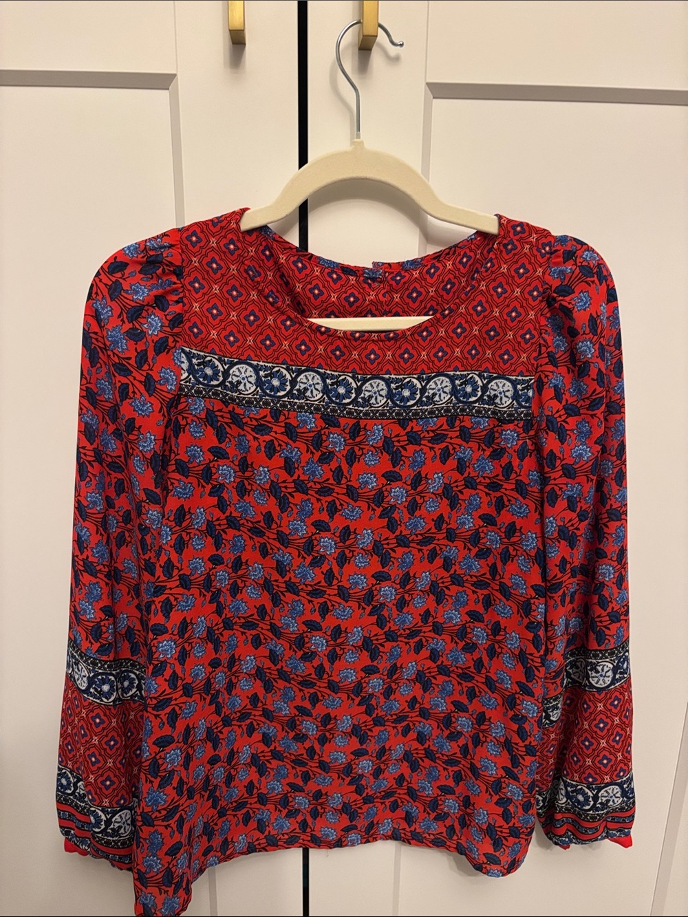 LOFT Red Floral Long-Sleeve Boho Top with Blue Accents